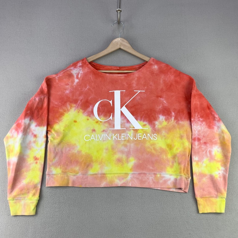 Calvin Klein Sweatshirt Womens M Red Tie Dye Crop Crewneck Boxy cK Logo Graphic